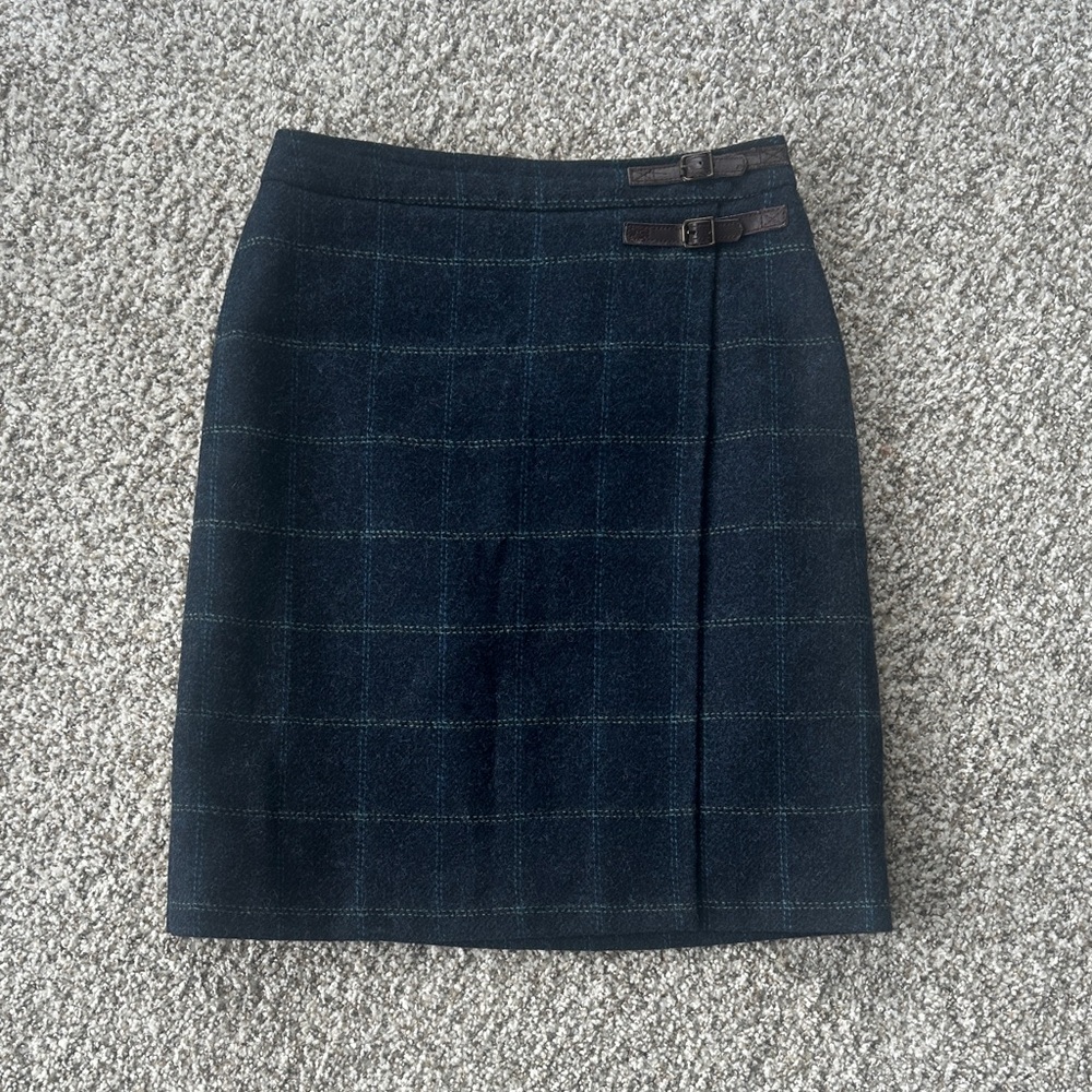 Boden Dark Blue plaid wool kilt- wrap style skirt